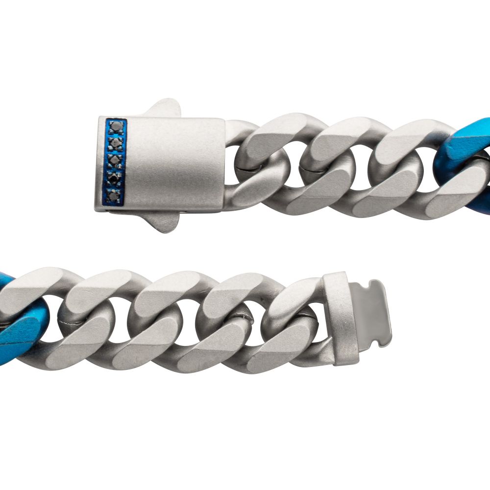 Matte Finish Steel Beveled Cuban with Two Blue IP Links & Black Sapphire Chain Bracelet