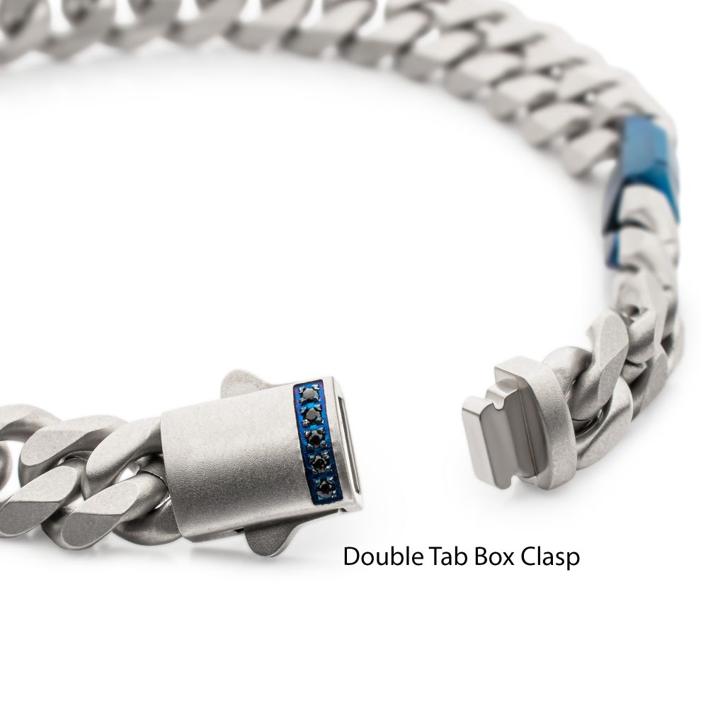 Matte Finish Steel Beveled Cuban with Two Blue IP Links & Black Sapphire Chain Bracelet