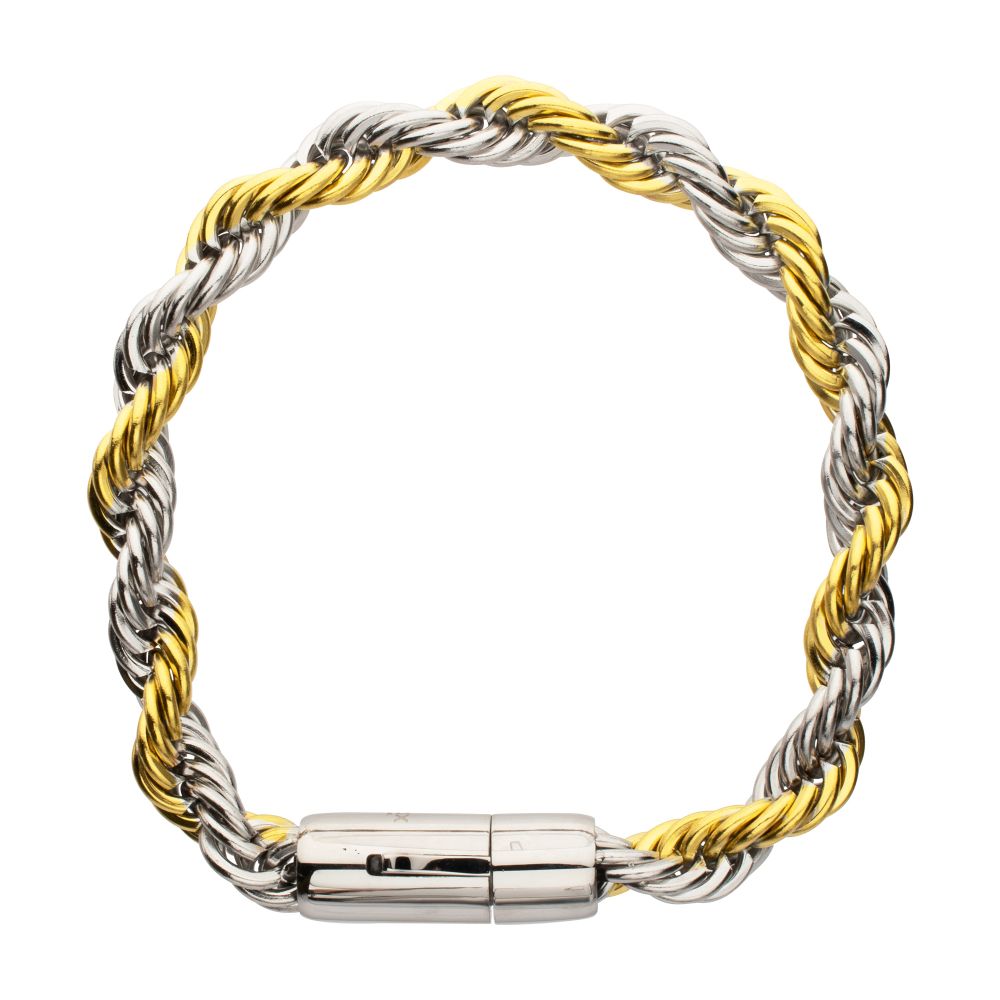 8mm 18Kt Gold IP Steel Two-Tone Rope Chain Bracelet