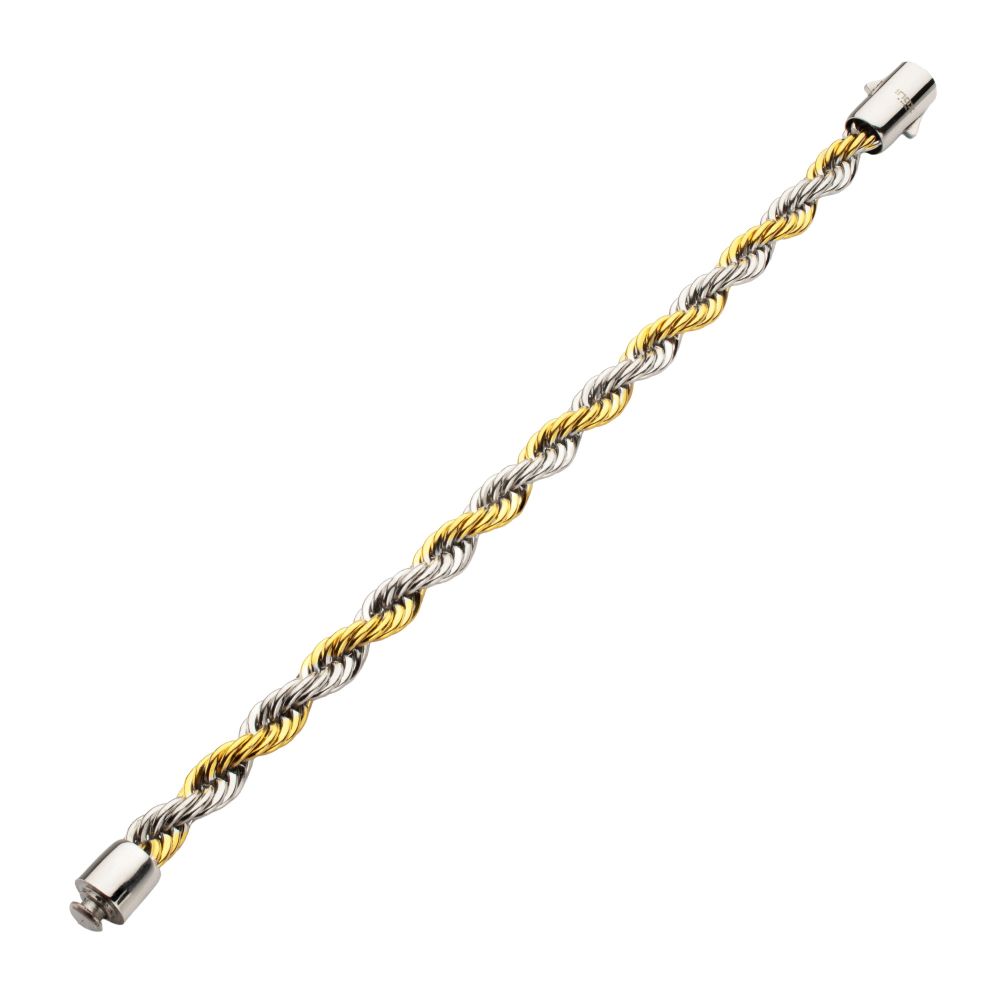 8mm 18Kt Gold IP Steel Two-Tone Rope Chain Bracelet