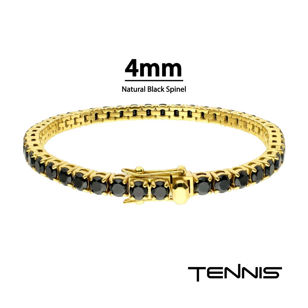 18Kt Gold IP Steel Tennis Bracelet with 4mm Natural Black Spinel