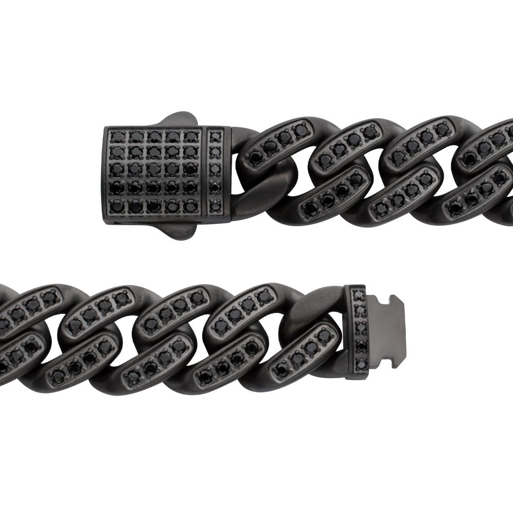 12mm Gun Metal IP Steel Miami Cuban with Black Spinel Chain Bracelet