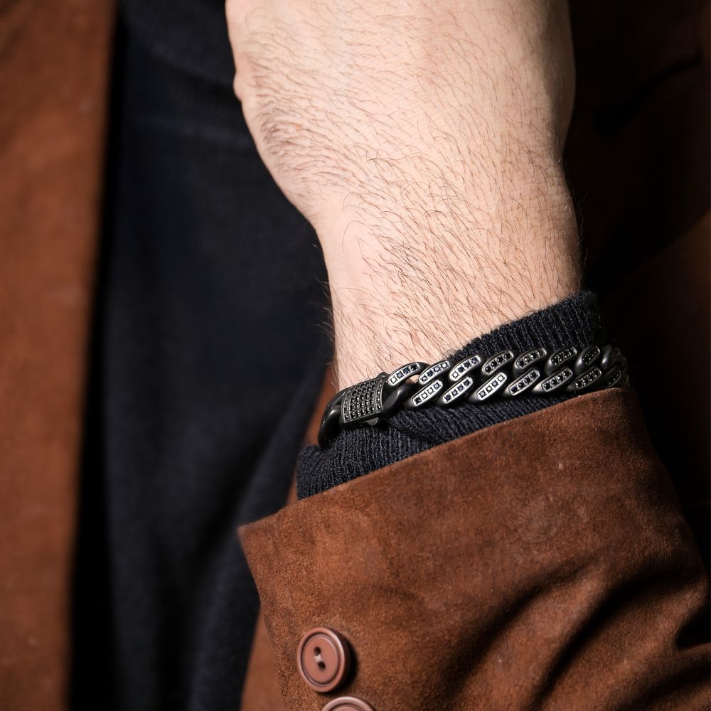 12mm Gun Metal IP Steel Miami Cuban with Black Spinel Chain Bracelet