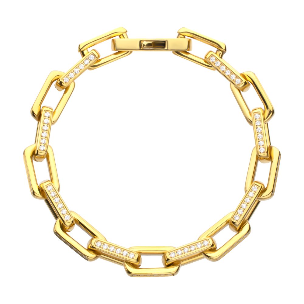 8mm Polished 18Kt Gold IP Steel Paperclip Chain with Clear CZ Heavy Link Bracelet