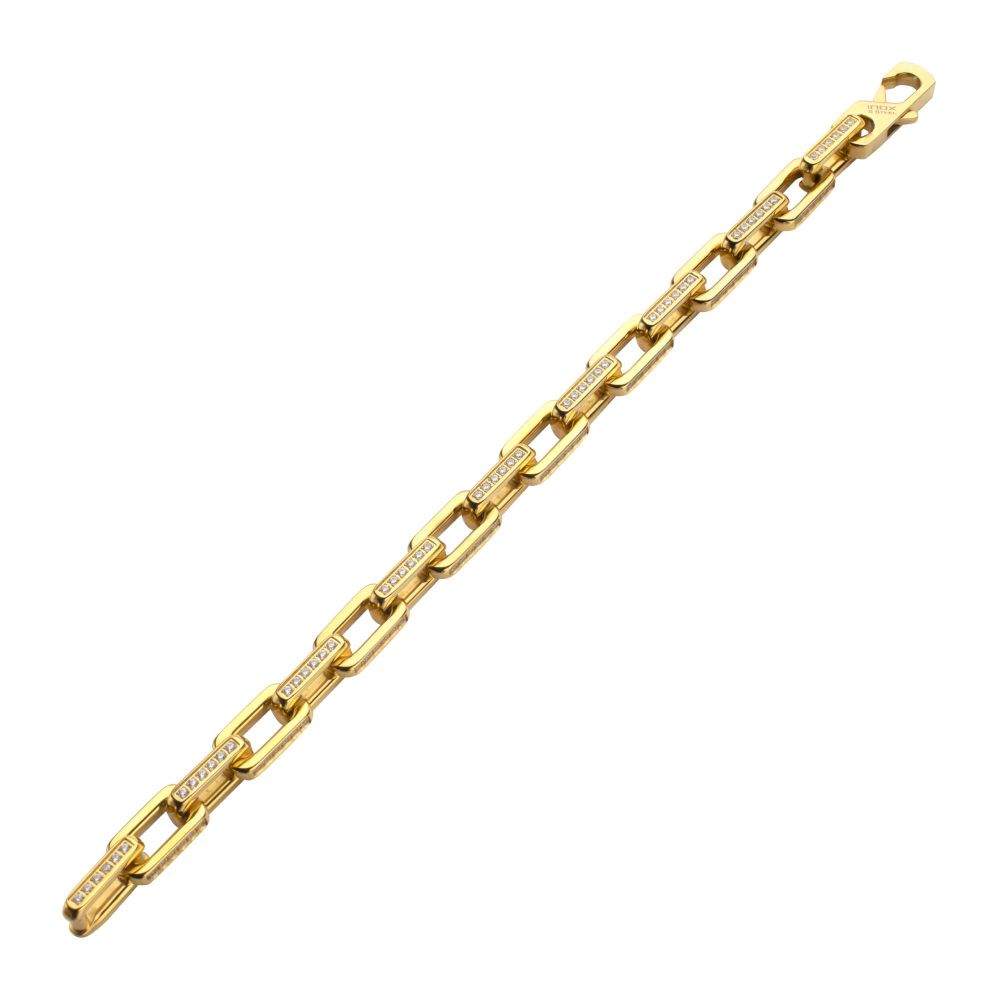 8mm Polished 18Kt Gold IP Steel Paperclip Chain with Clear CZ Heavy Link Bracelet