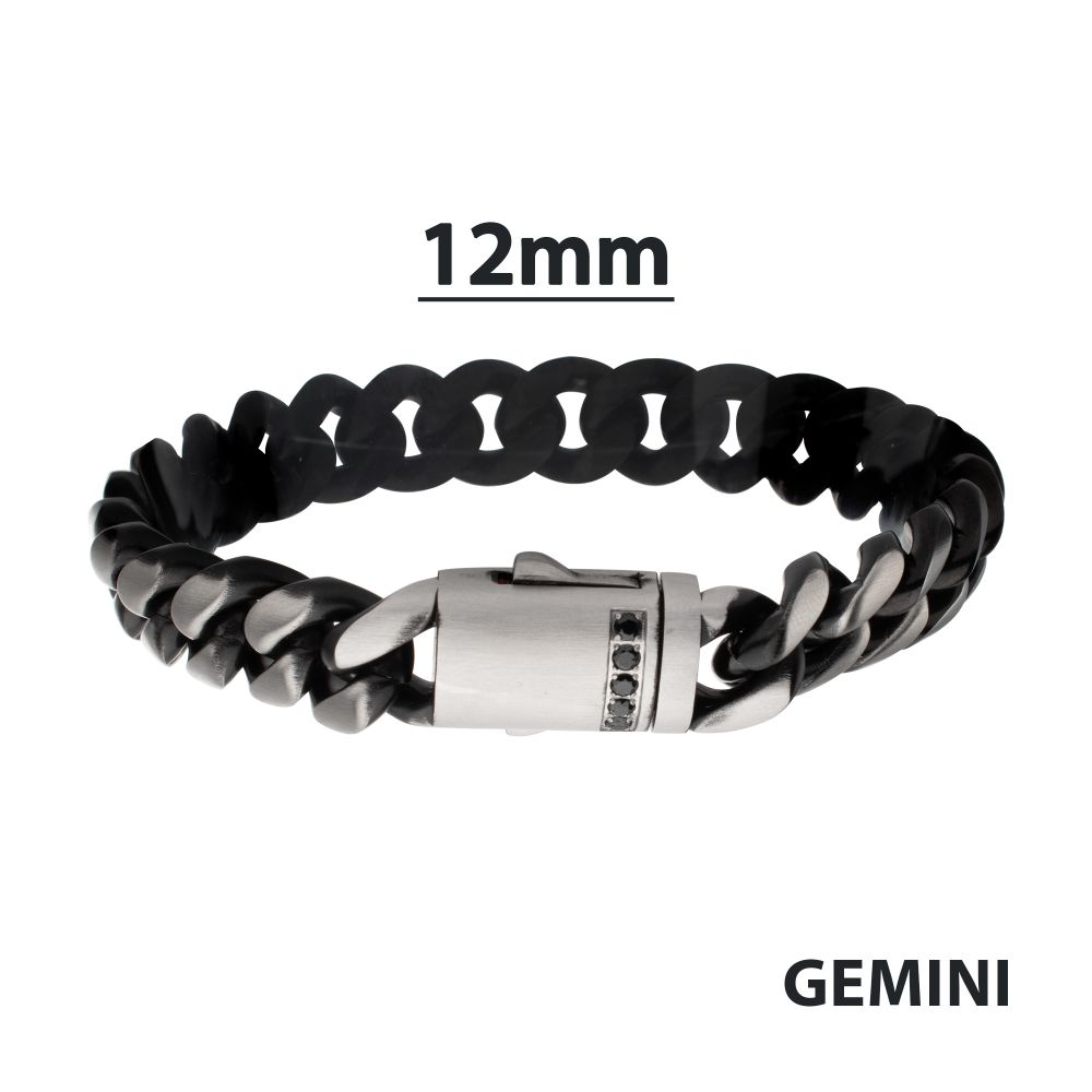 12mm Black IP Matte Steel Cuban Chain with Black Sapphire Clasp Reversible Bracelet
