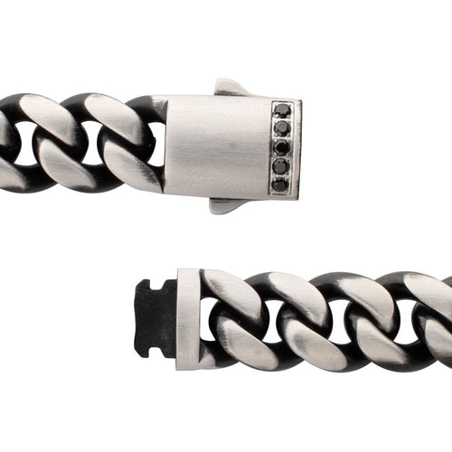 12mm Black IP Matte Steel Cuban Chain with Black Sapphire Clasp Reversible Bracelet