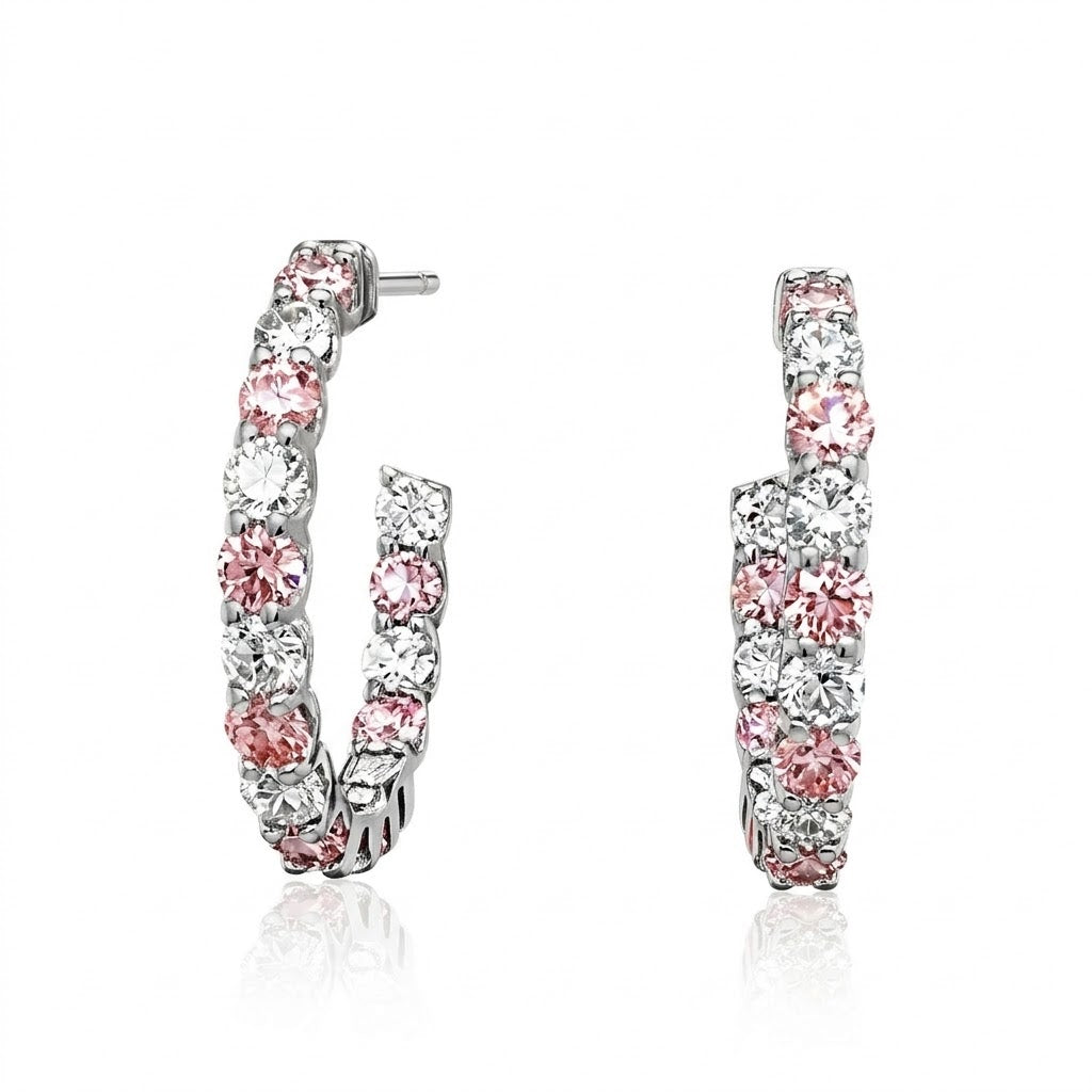 Pink &amp; White Diamond U-Prong Hoops in 14K White Gold
