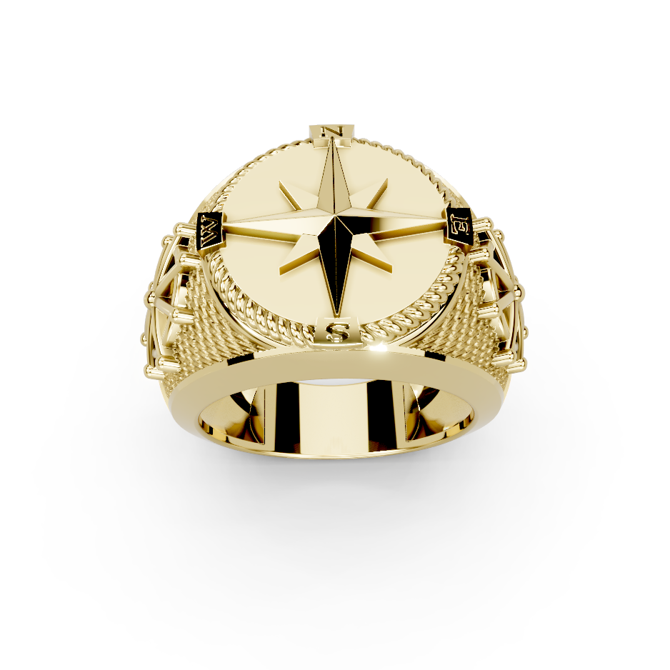 Men's 14k gold nautical star compass ring with fish scale texture side view
