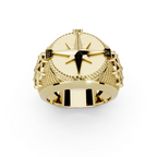 Men's 14k gold nautical star compass ring with fish scale texture side view